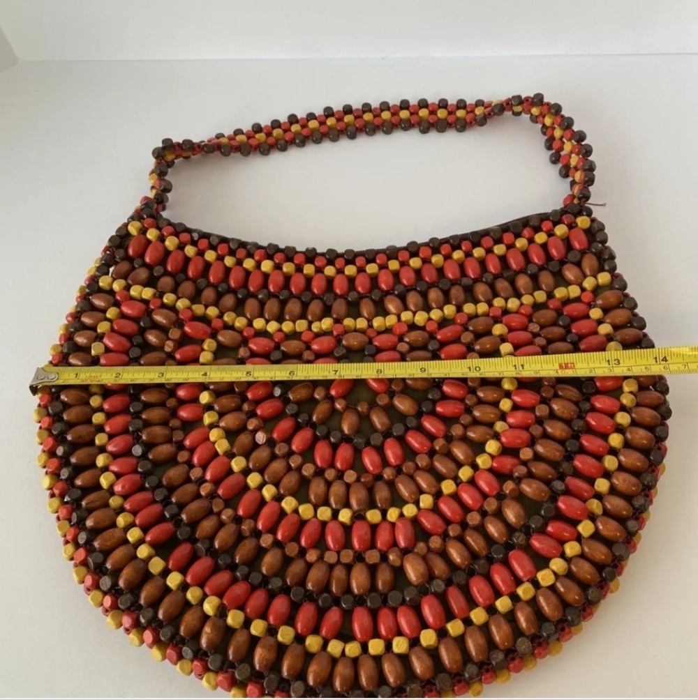 Wooden Bead Purse Satchel Hobo Bag Boho Hippie Bright Colors Red Brown Yellow - Picture 7 of 9